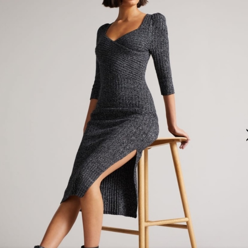 Ted Baker Chelsiy Gray Sweetheart Neckline Ribbed Knit Side Slit Midi Dress-0/Xs